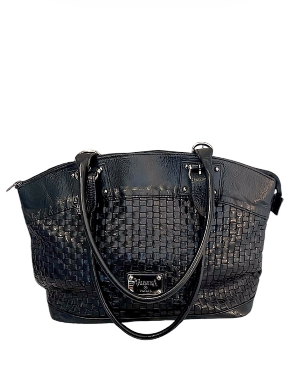 Valentina Italia Black Woven Leather Two Handle Zipper Laptop Tote Bag Purse